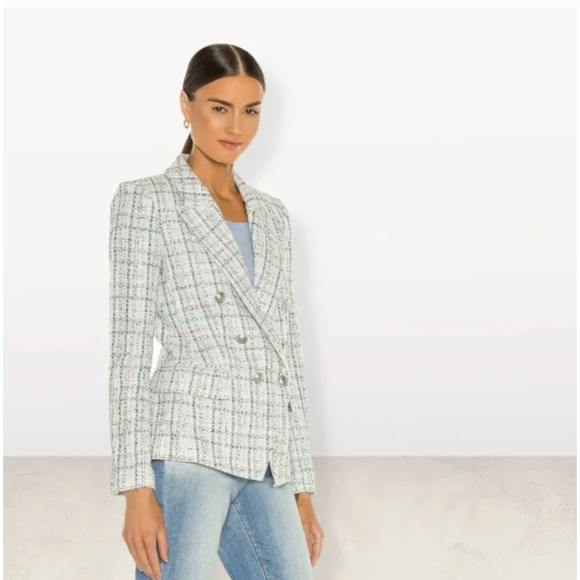 NWT L'AGENCE Kenzie Double Breasted Blazer 2 Blue Tweed Academia Office Career - Picture 3 of 8
